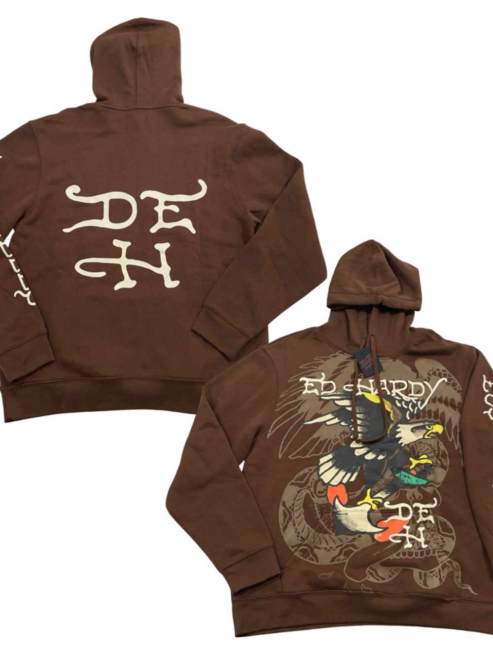 Ed Hardy Eagle Snake Graphic Size L Brown Hoodie Sweatshirt (Retail $70)